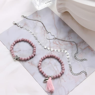 Pink Tassell 4 Piece Bracelet Set 18K White Gold Plated Bracelet ITALY